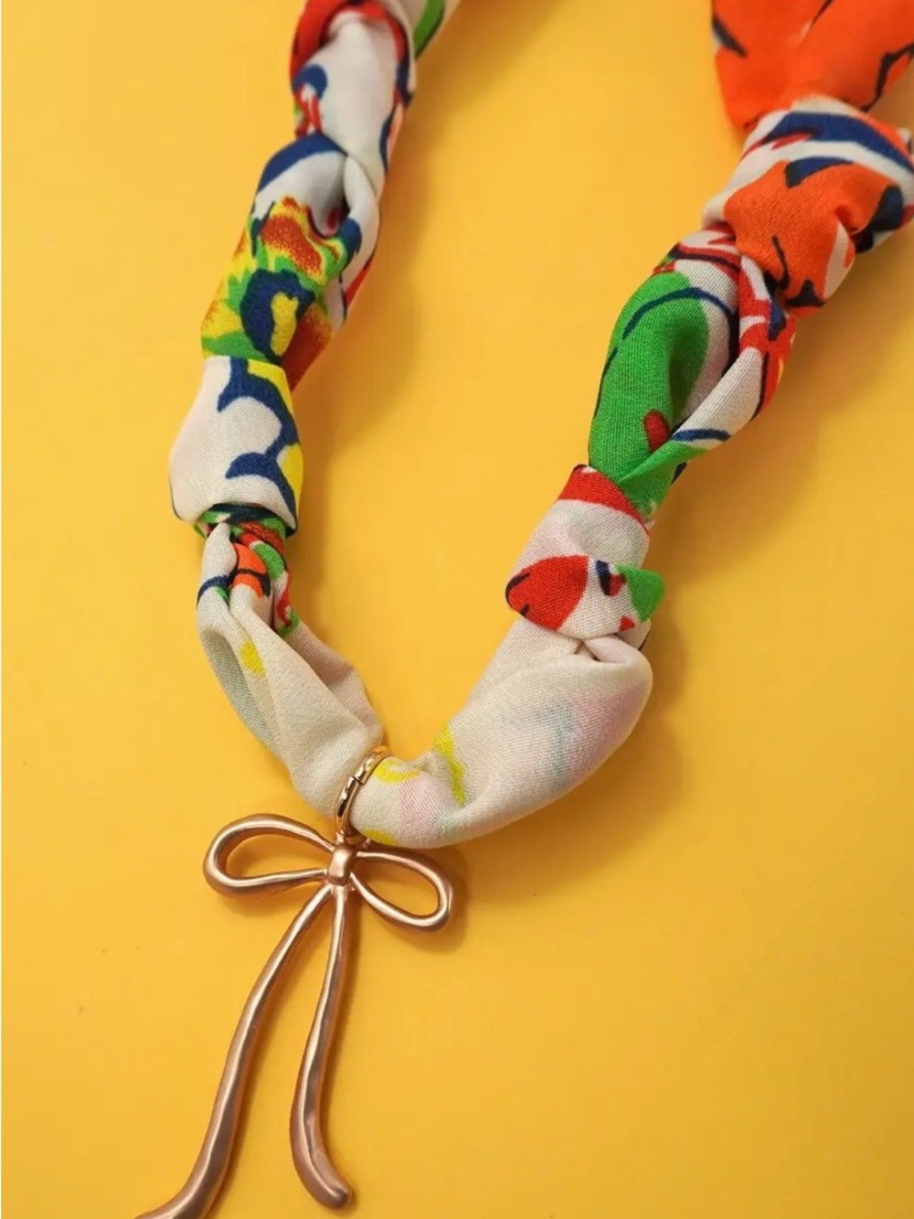 Colorful Knot Scarf Necklace with Gold Bow Pendant